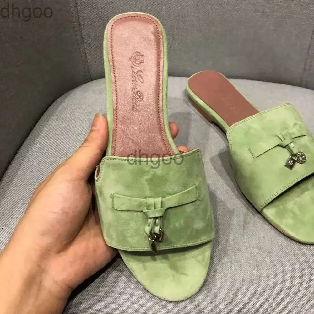 Charms slides embellished suede slippers Luxe sandals shoes Genuine leather open toe casual flats for women Luxury Designe