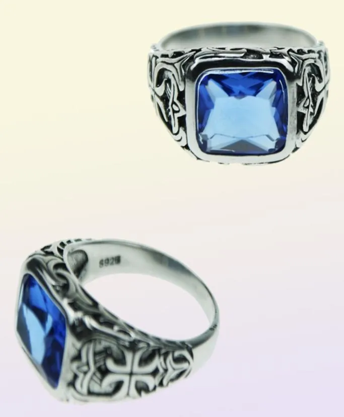 Prawdziwe czyste 925 Srebrne pierścienie dla mężczyzn Niebieskie naturalne kryształowy kamień męski Pierścień męski Vintage Grawerowany kwiat Fine Jewelry D18119501903