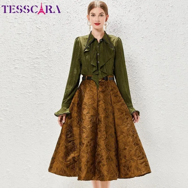 Casual Dresses Tesscara Women Autumn Elegant Jacquard Dress Suit Set High Quality Long Office Cocktail Party Vintage Designer A-Line