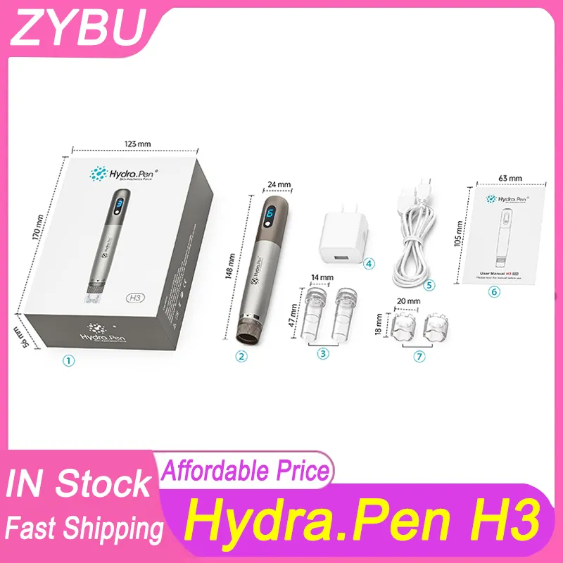 Wireless Hydra Pen H3 Derma Microneedle Hydrapen Professional Dermapen Microneedling Acid Applicator med 6 hastighet 12 stift nålar patroner mts ansiktsvård