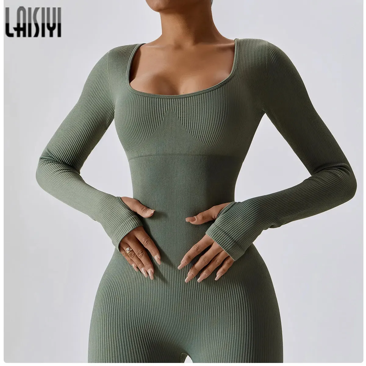 Laisiyi Fitness Jumpsuits autumn for Women sexy Bodycon Playsuit Square Neck Long Sleeve Rompers女性スリムスポーツウェア231225