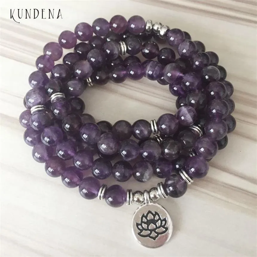 108 Amethysts Mala Yoga Armband Purple Naturstein Lotus Armband oder Halskette Buddha Charme Handgelenk 5 Wickelt Armband Y1218204y