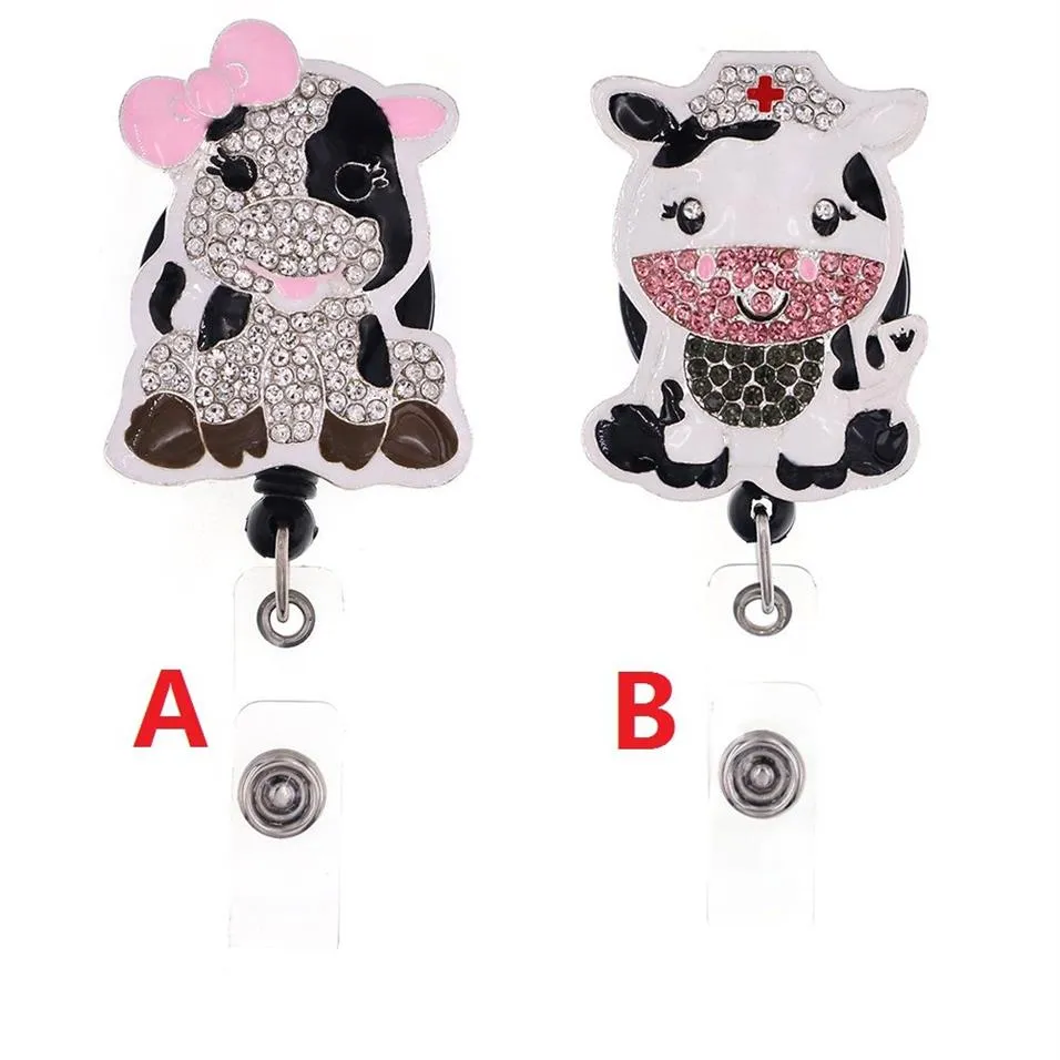 Mignon Key Ring Animal Cow Rhingestone Retractable ID Holder pour infirmier nom accessoires badge bobine avec alligator clip306o