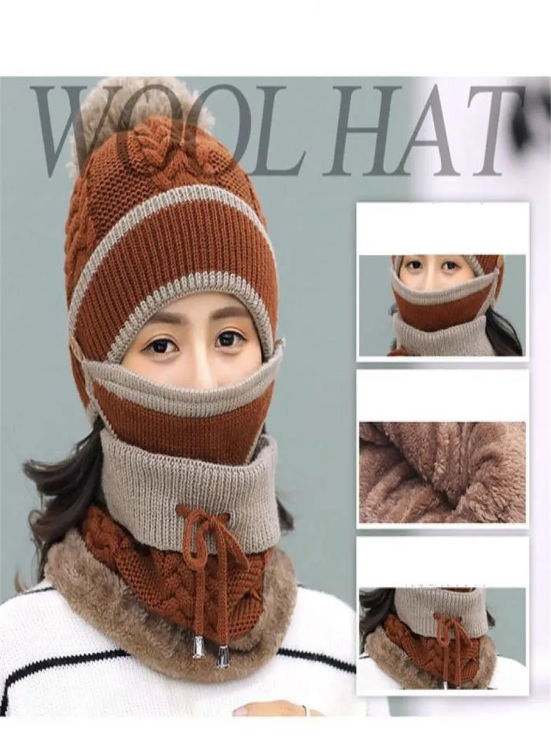 3PCSSet New Women Scarf Cap Winter Warm Set Mask Collar Face Protection Girls Accessory Women Scarf Balaclava Pom Poms Sticked H7803980