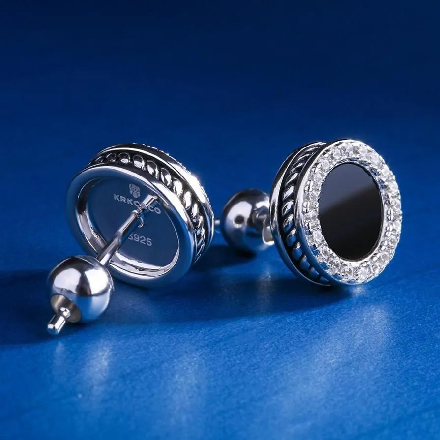 White Gold Stud Earring for Men Black Onyx Inlaid Round Earring Hip Hop Jewelry Punk Earrings Y1220306h