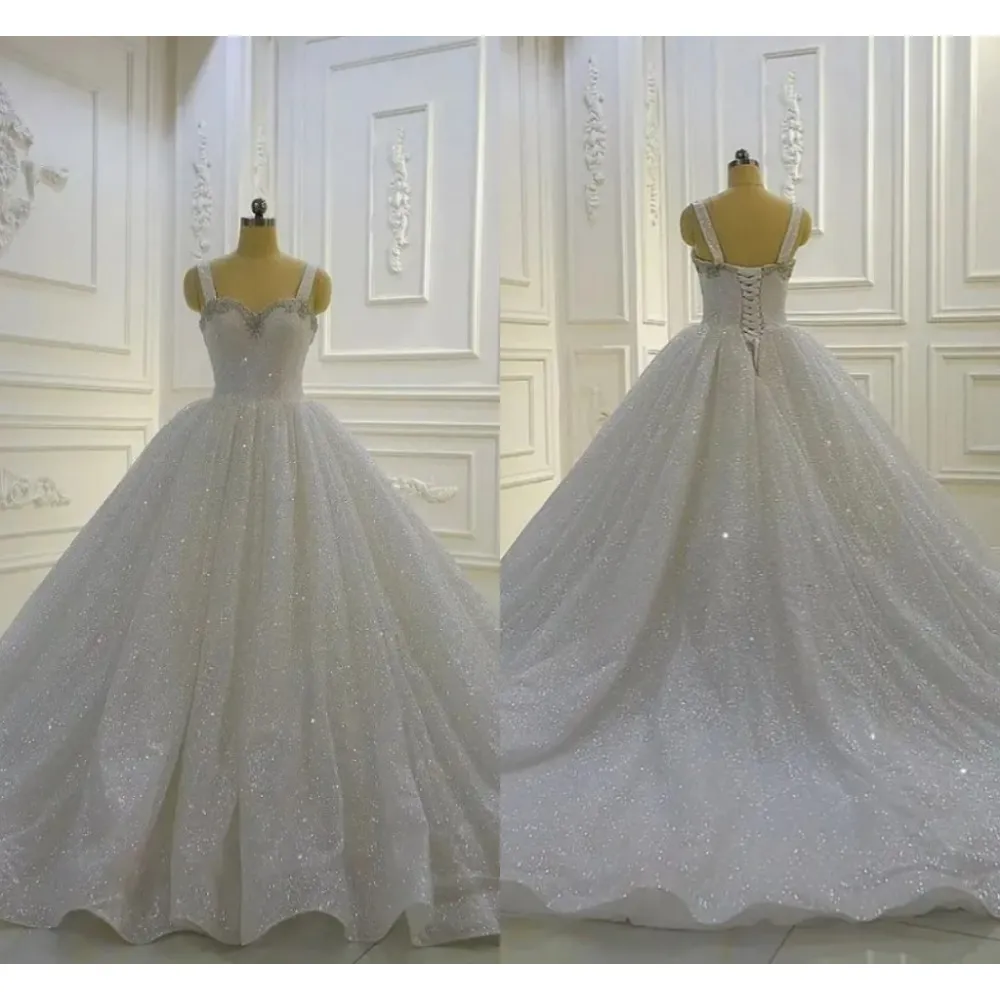TOUNNINGBRIDE 2024 Sexig kristall älskling glänsande bollklänning bröllopsklänning vit utsökt glittrande ärmlös domstolståg prinsessan brudklänning