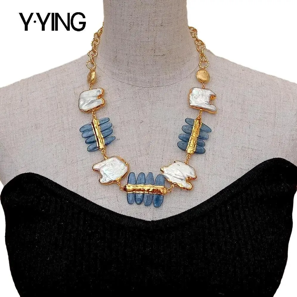 Collane Y.YING Collana girocollo con connettore Keshi bianco naturale coltivato con cianite blu naturale 17 "per donna