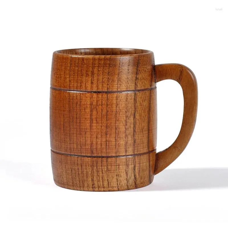 Cups Saucers 320ML Wooden Big Belly Handcraft Natural Wood Beer Mug With Handle Eco-Friendly Tea Coffee Cup Kitchen Bar Drinkware