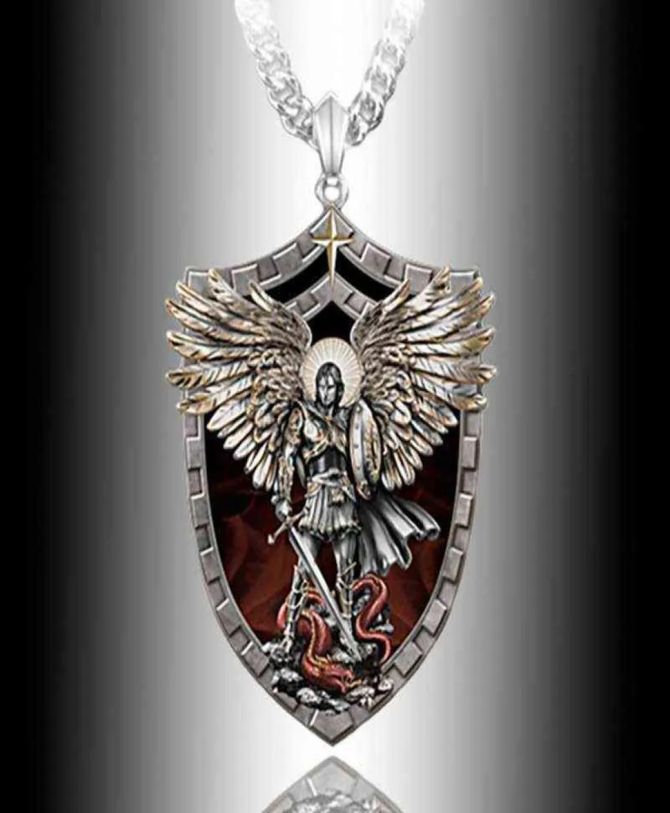 Exquisite modische Krieger-Schutz-Heiliger-Engel-Heiliger-Michael-Anhänger-Halskette, einzigartige Ritter-Schild-Halskette, Jubiläumsgeschenk G12069662084