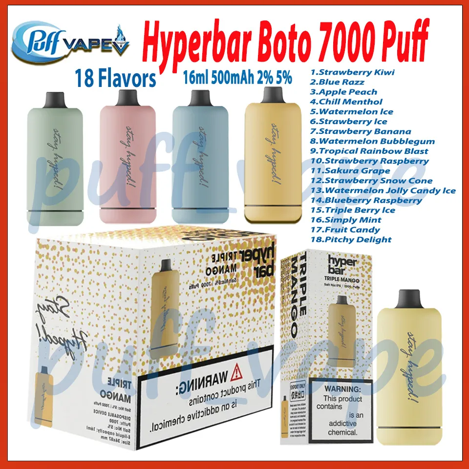 Authentic Hyperbar Boto 7000 Puff Disposable E Cigarette Disposable 16ml Prefilled Pod 500mAh Mesh Coil Vaporizer Device 18 Flavors 2% 5% Level Puffs 7k Vape Pen