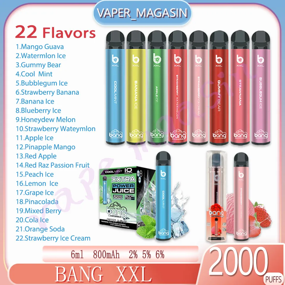 Original Bang XXL 2000 Puffs Descartáveis Vape Pen 6ml Cartucho Pré-carregado 2% 5% 6% Concentração 22 Sabores 2K Puffs 800mAh Bateria Recarregável Vape Pen