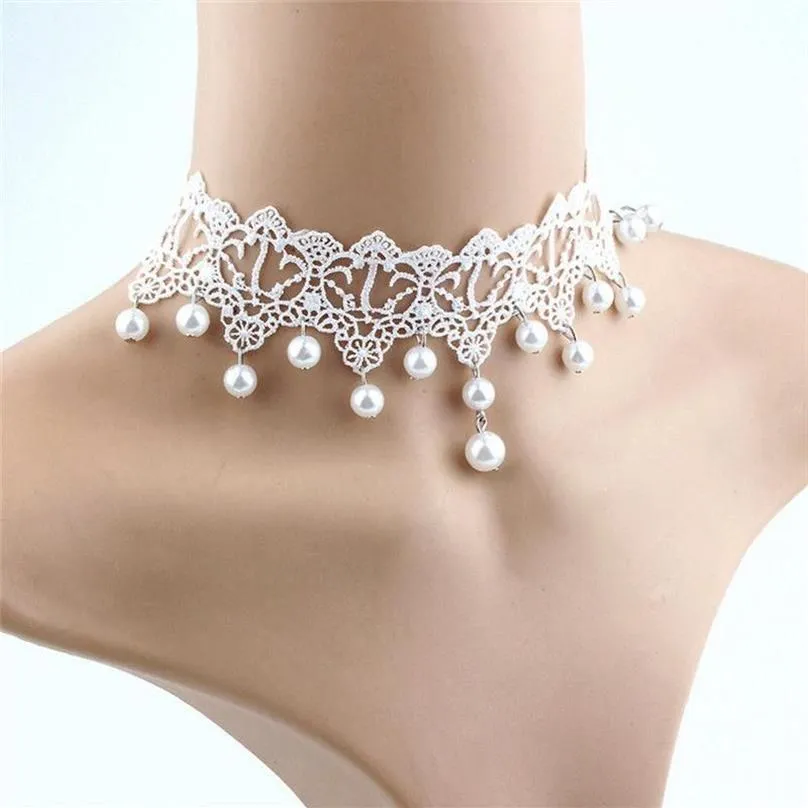 Chokers Elegant Vintage Imitation Pearl White Lace Statement Choker Halsband Brudsmycken för kvinnor Bröllop Fashion290C