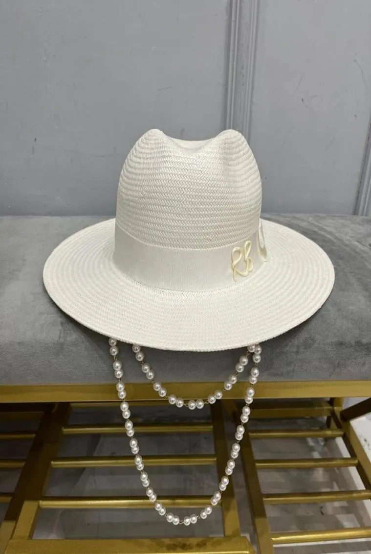 Breda randen hattar sommaren ankomst dubbelkedja rem fedora hatt halm för kvinnor över9130351