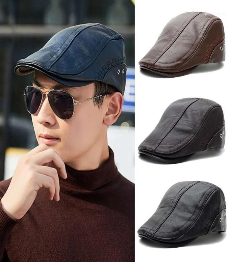 Baretten Winter Baret Caps Voor Mannen PU Leer Effen Hoed Britse Retro Stijl Dikker Flat Top Cap Kunstenaar Schilder cap13113643