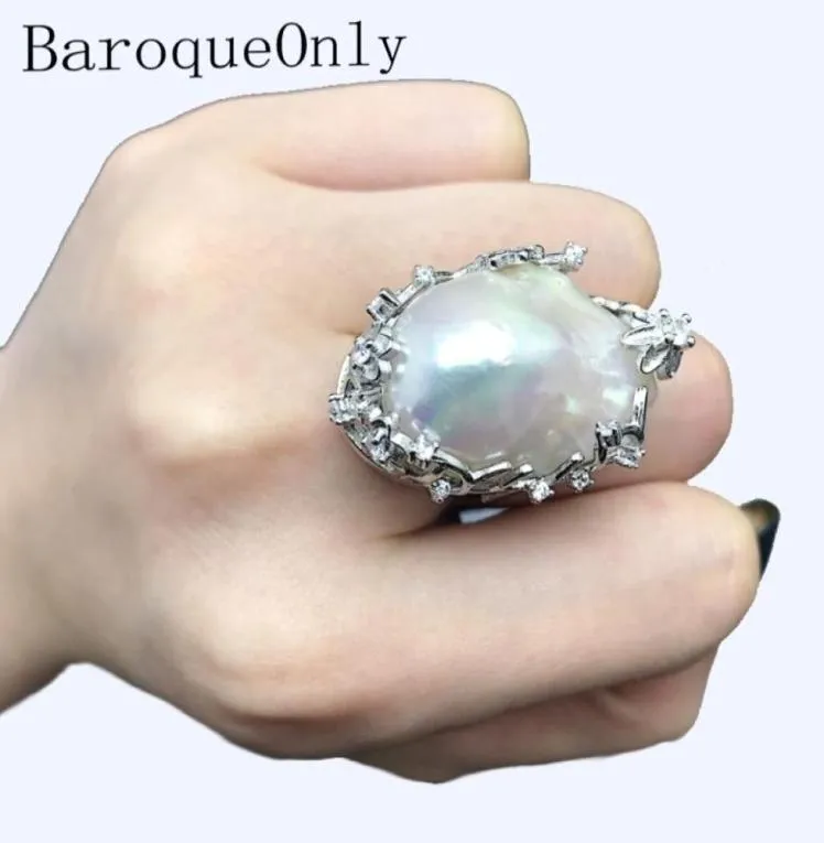 Barokowa naturalna perła słodkowodna 925 Pierścień srebrny Ogromny rozmiar barokowy o wysokim połysku Nieregularny pierścień perłowy Kobiety Prezenty Ra J19072148586722322