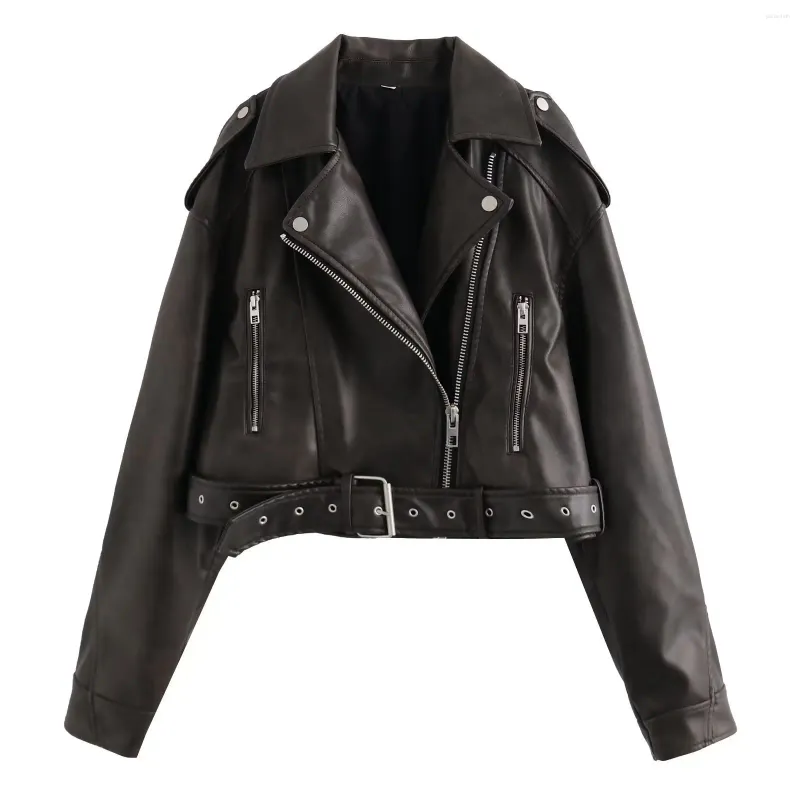 Women's Jackets NHKDSASA Spring Woman Faux Leather Jacket Chic Vintage Short Lapel Zipper Belt Biker Coats Fashion Streetwear Mujer Tops