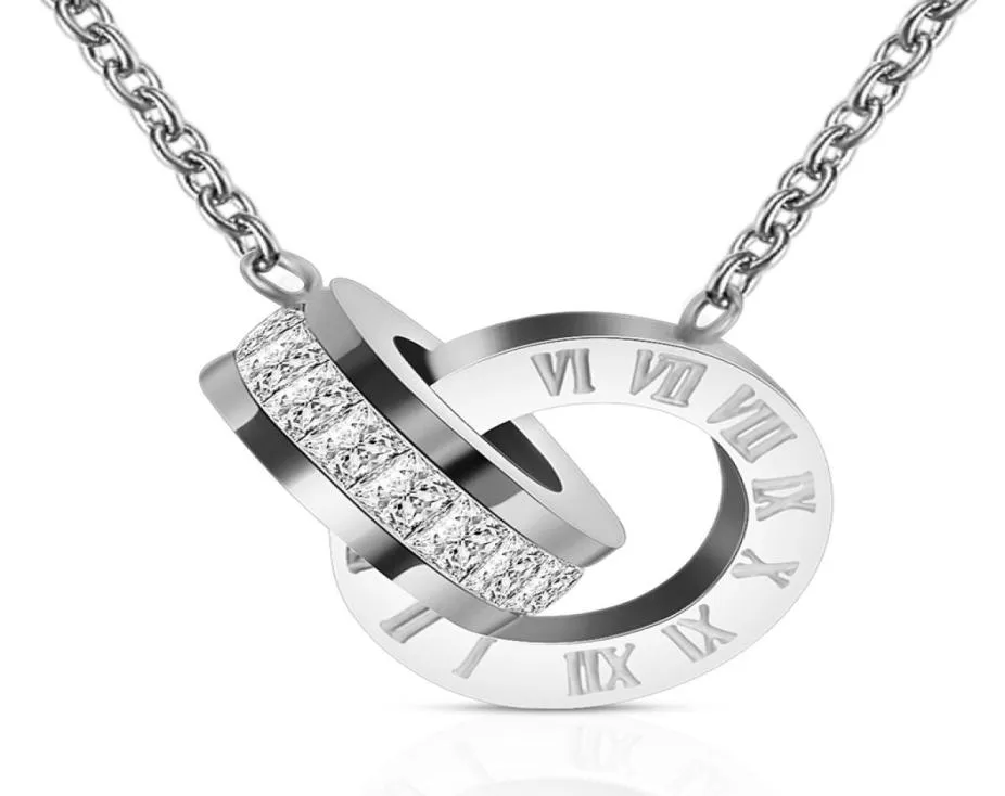 Titanium Steel CZ Zircon Double Circle Love Roman Normals Pendant Necklace Women Wedding Fashion Street Jewelry8579550