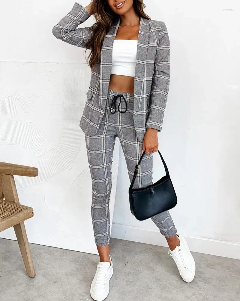 Women's Two Piece Pants 2-piece Set Office Lady Suit Plaid Print Shawl Neck Blazer Coat And Drawstring Pencil