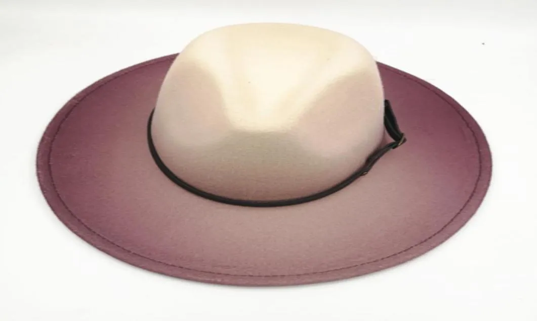 New Women Men Wool Fedora Hat With Leather Ribbon Gentleman Elegant Lady Winter Autumn Gradient Color Jazz Church Panama Hat1612343