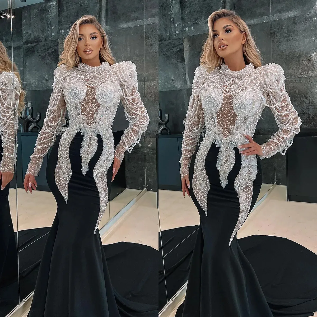 2024 Mermaid Prom Dresses with Pearls for Black Girls Plus Size High Neck Long Sleeves Formal Evening Gowns