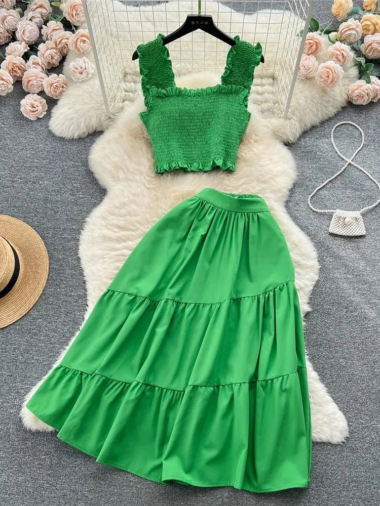 Vestidos de trabalho verão vintage vermelho/verde/roxo conjunto de duas peças sexy gola quadrada sem mangas topos cintura alta saia linha a terno 2 peças feminino