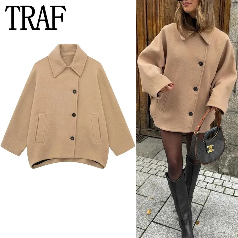 Traf mulher casaco camelo casacos de lã do falso para as mulheres capa manga oversize casaco mulher inverno casacos femininos outono 231225