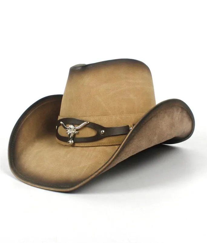 A154 Retro Mężczyźni i kobiety Wysokiej jakości skóra duża brzegi duży Tauren West Riding Beach Hat Cowboy Hat Obwód 58cm2802813