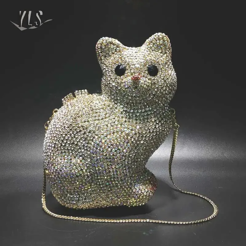 Sacchetti donne borse di strass borse se sera borse cristalli sier oro simpatico a forma di gatto frizione borse coda di diamanti