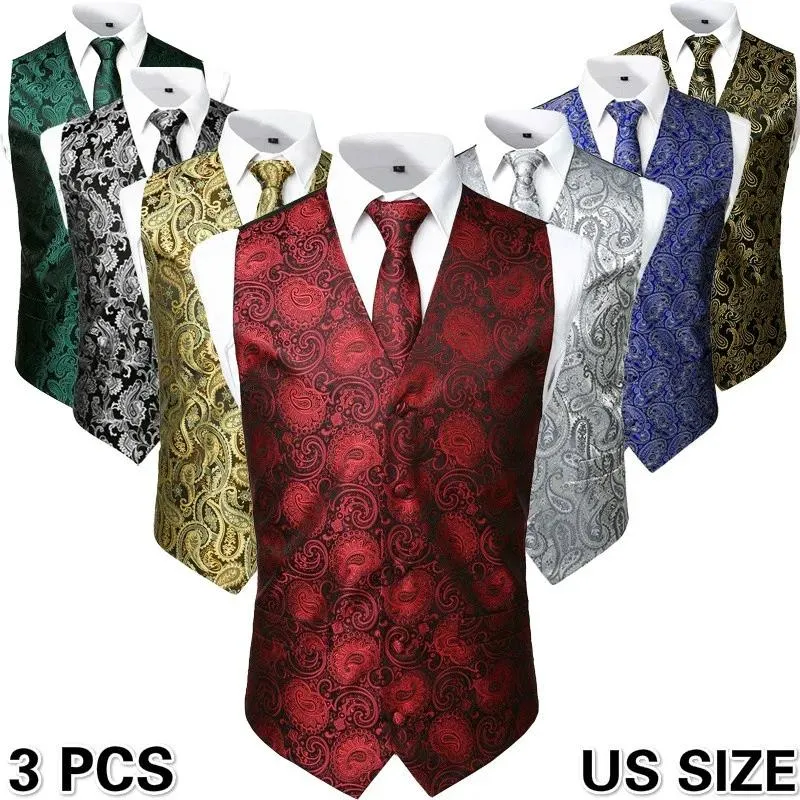 Jackor 3pc uppsättningar/mens kostym Vest+Tie+Pocket Square/mode Jacquard Paisley Tuxedo Vest Waistcoat Men/Wedding Vest/Prom Vest/Party Vest