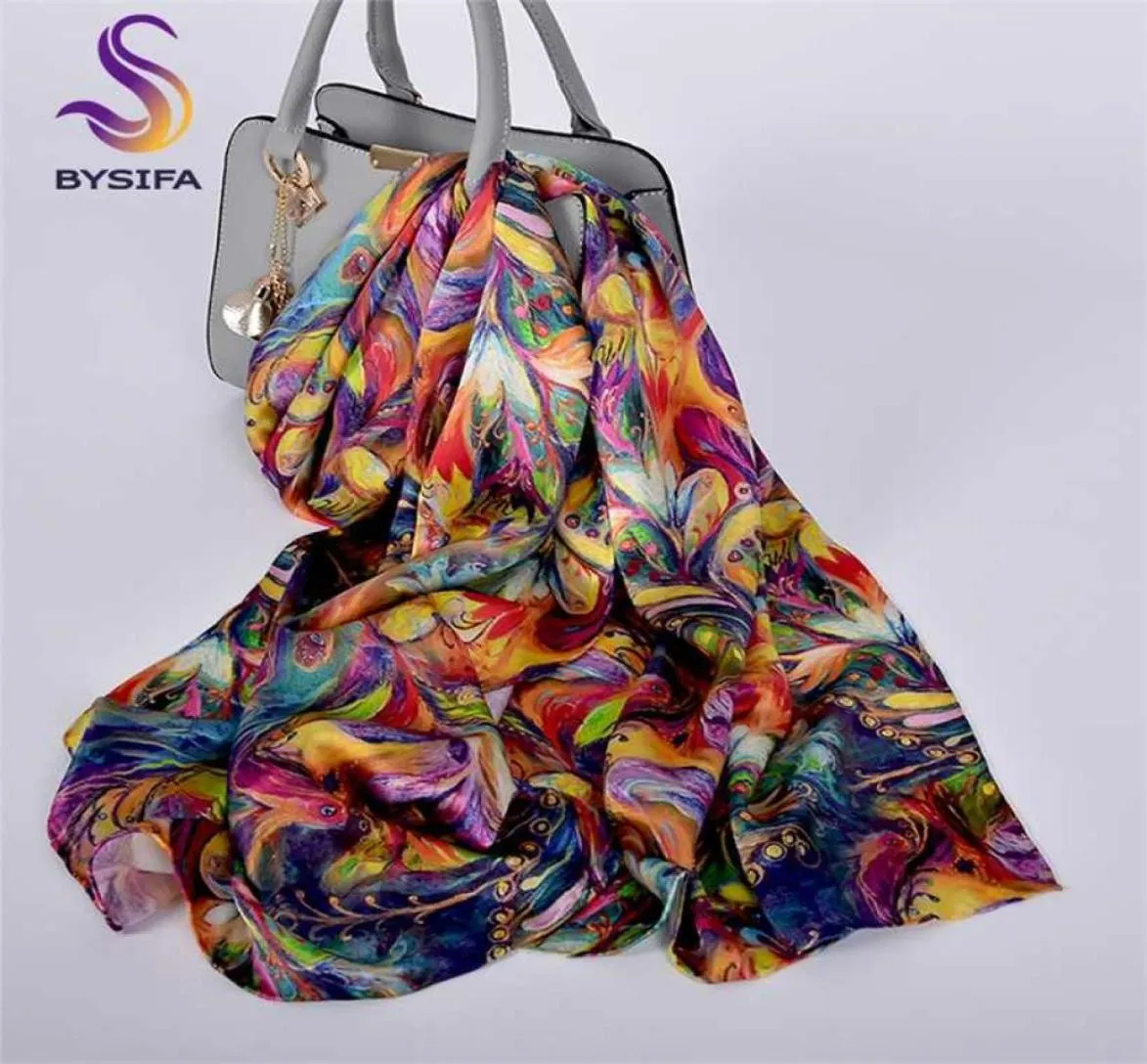 Bysifa Luxury Pure Silk Scharf Whord Женщины весенняя осень длинные шарфы.