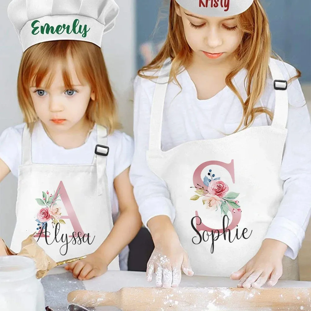 Grembiule da cucina personalizzato per bambini, cucina, fiore rosa, iniziale e nome per bambini, regalo personalizzato per ragazze 231225