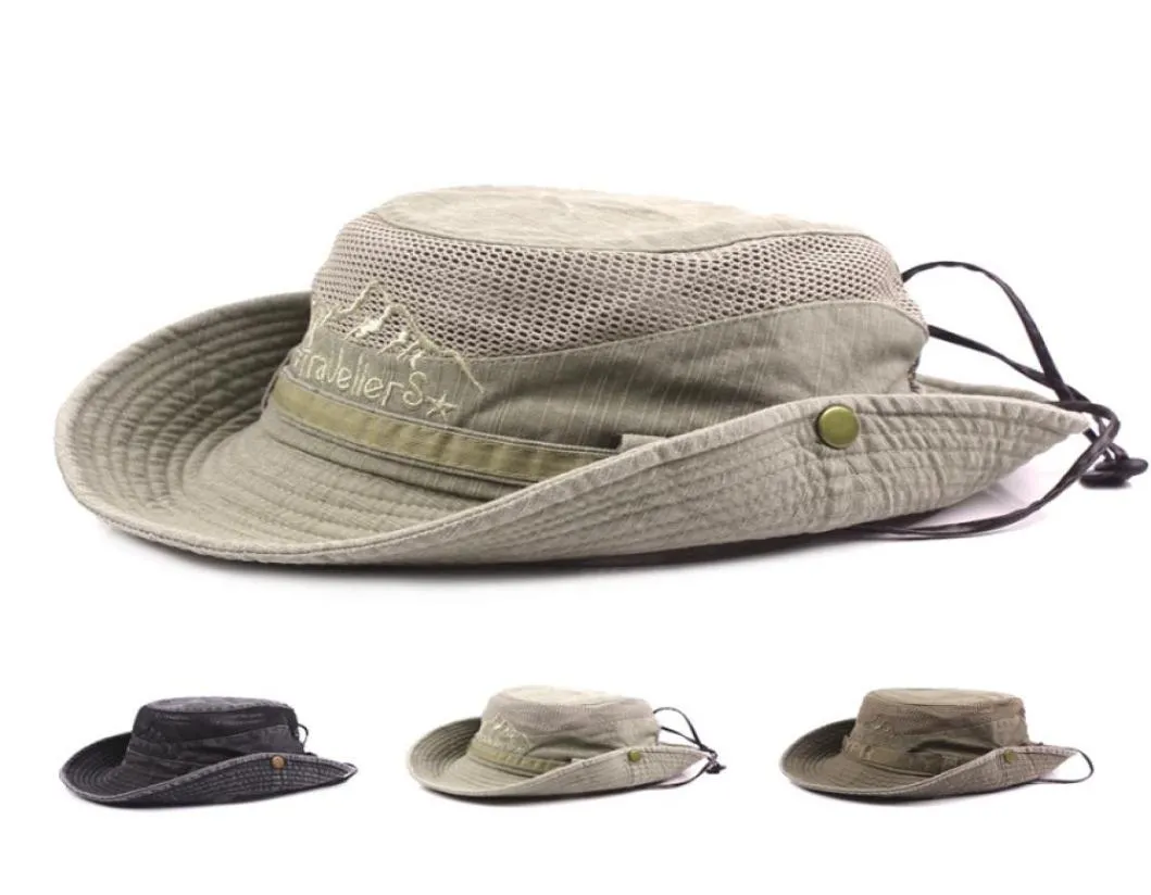Printemps été hommes femmes rouleau bord coton seau chapeaux broderie lettre maille chapeau de pêche en plein air chapeau de soleil avec corde coupe-vent 1043363
