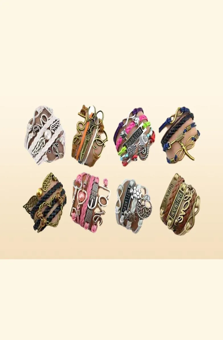Bracelets à breloques en cuir multicouches antiques, 30 pièces, mélange de styles, amour infini, bijoux pour femmes 2103237496067