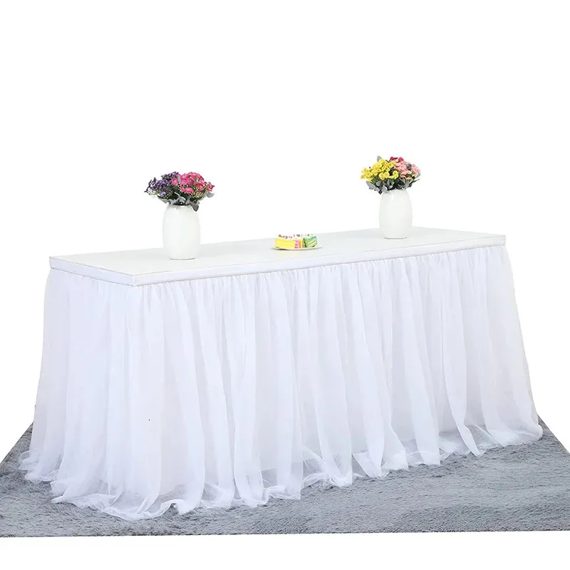 6ft White Tulle Table Skirt Rectangle Round Tables Tutu Ruffle Cloth for Wedding Bridal Shower Birthday Supplies 231225