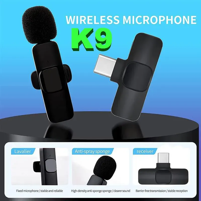K9 무선 라발리에 마이크 휴대용 오디오 비디오 녹화 아이폰 안드로이드 긴 배터리 라이프 라이브 브로드 캐스트 게임 용 미니 마이크