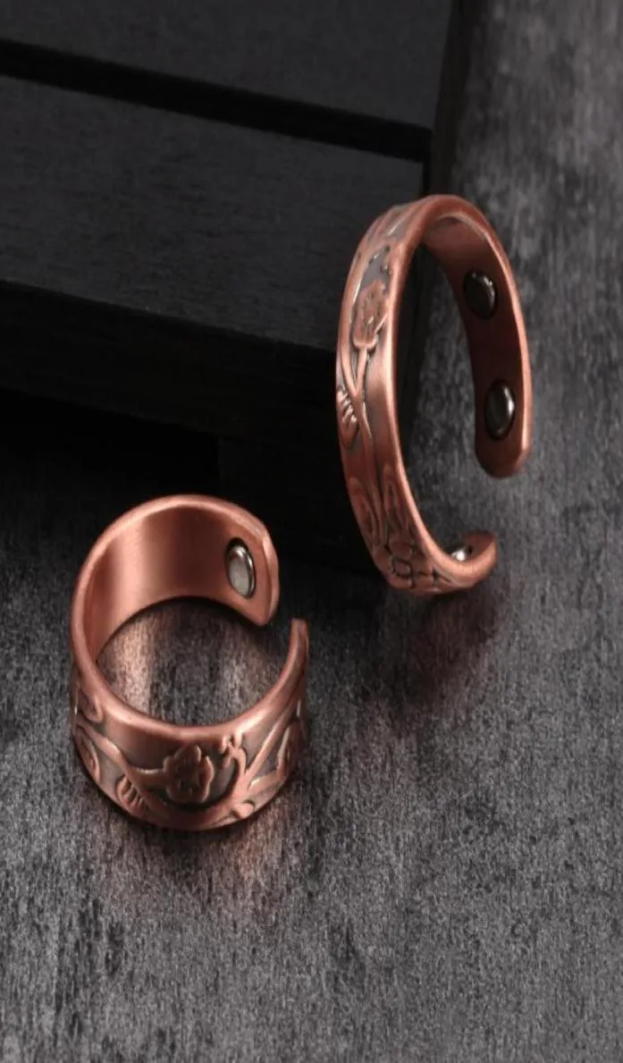 Bloem Zuiver Koper Ringen Vrouwen Magnetische 6mm Vintage Open Manchet Verstelbare Ring Mannen Trouwringen Energie Vinger Voor Cluster9944211