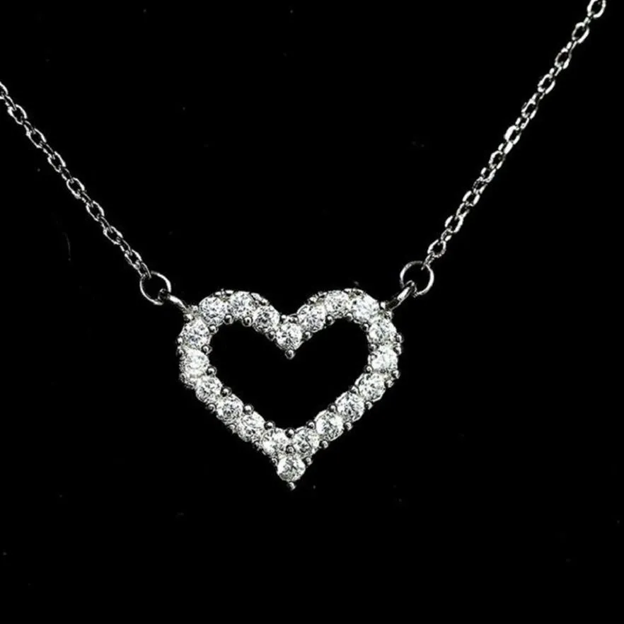 New Concise Style Silver Necklace Full Diamond Love Heart Necklace Female Love Zircon Pendant One Chain Silver Necklace Short Clav174R
