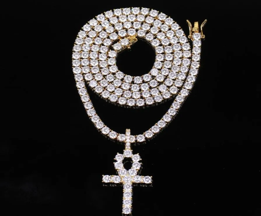 قلادة الهيب هوب المثلجة Zircon Ankh مع قلادة سلسلة تنس 4 مم مجموعة Micro Pave Cz Stones Men Jewelry4323486