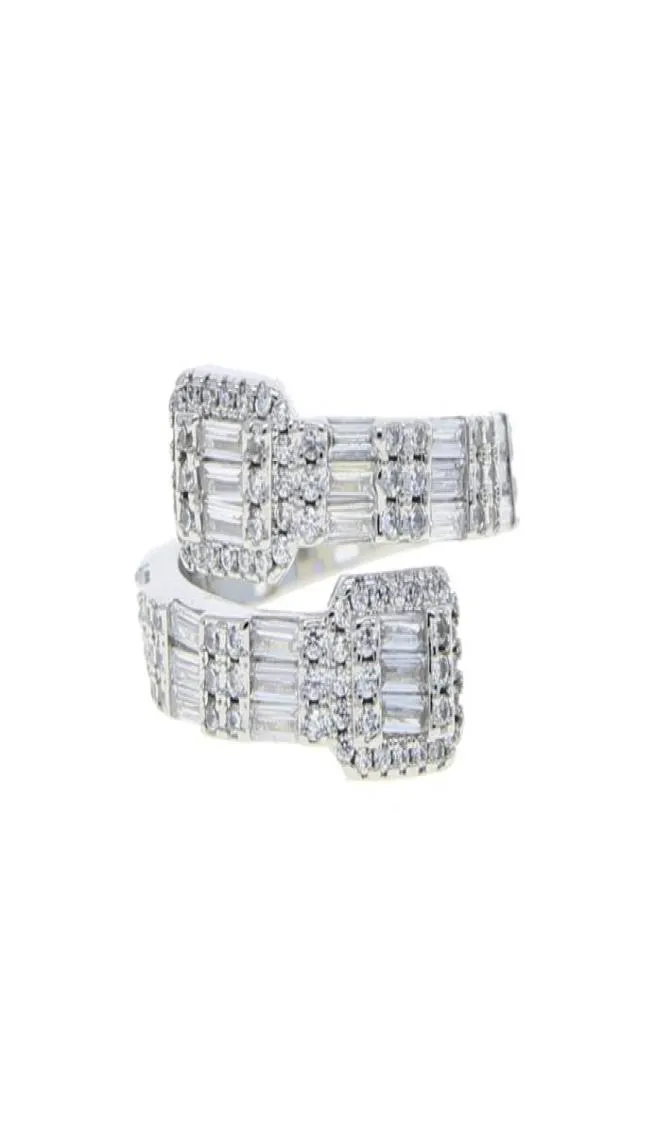 Hip Hop Neue Frauen Männer039s Baguette Benutzerdefinierte Einstellbare Ring Iced Out Bling Micro Pave Cz Punk Rap Offene Größe Finger schmuck8975508