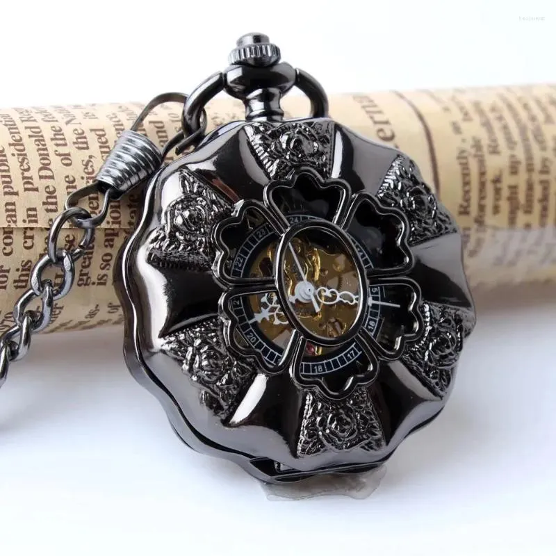 Pocket Watches Pumpkin Shape Mechanical Hand Winding WatchVintage Hollow Analog Skeleton Cool Black Retro Clock Gifts For Men Women