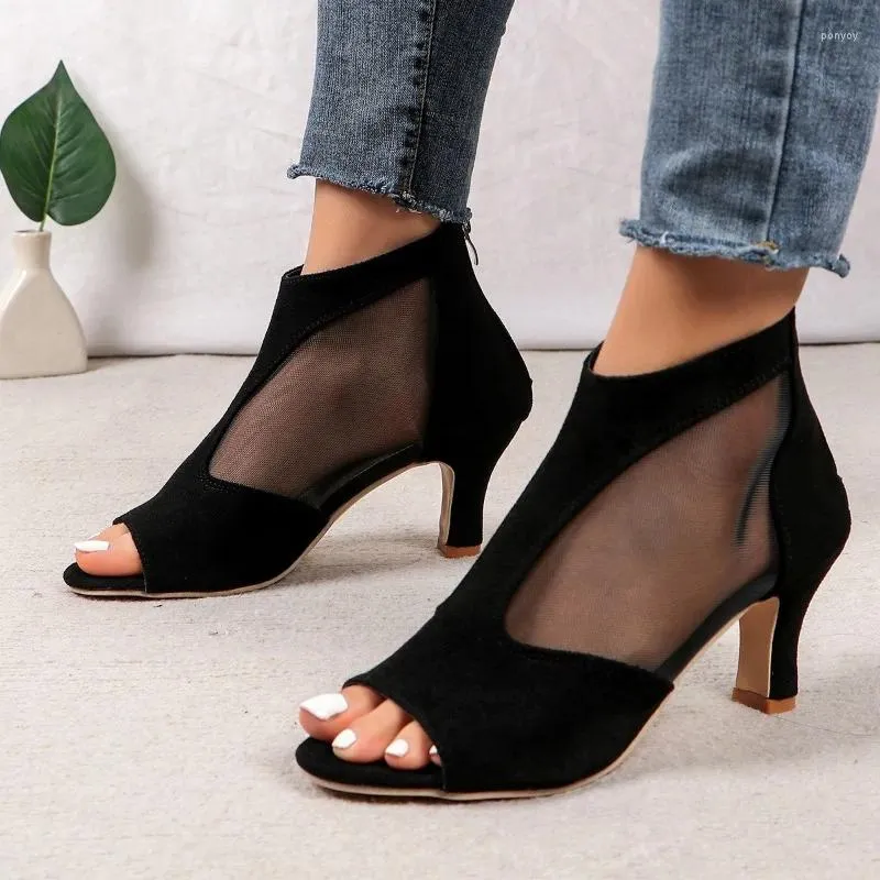 Sandaler 2023 Fashion Solid Color Women's Breattable Summer Party Open Toe Stiletto Heel Zipper Walking Shoes