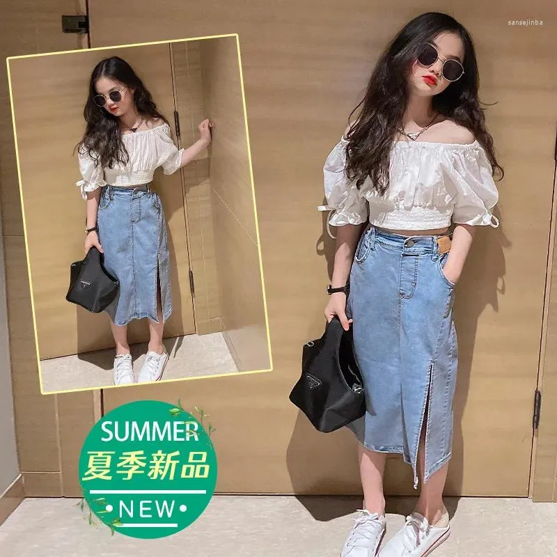 Clothing Sets Summer Children For Girls Fashion Off Shoulder Tops Denim Skirt Outfits Suit Kids Clothes 6 8 9 10 12 Years