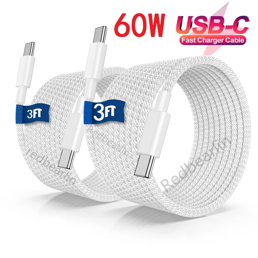 3A PD 60W C à C Fabric USB C vers USB-C TYPE C Câbles de câble de chargeur 1M 3ft pour Samsung Galaxy S10 S20 S22 S23 S24 Xiaomi Huawei HTC LG Phone-15