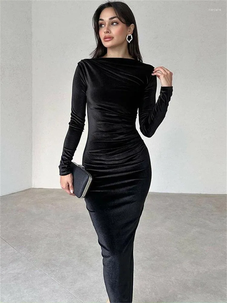 Lässige Kleider wjfzqm Jahr Frauen elegant O Hals Langarm Draped Sexy Bodycom Velvet Maxi Prom Kleider Abend Party Geburtstag Y2K Kleidung