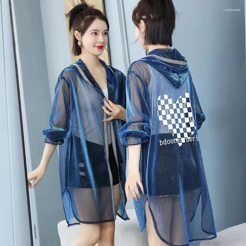 Women's Jackets #5330 Blue Grey White Sunscreen Jacket Women Thin Harajuku Perspective Long Kimono Cardigan Hood Womens And Coats Summer