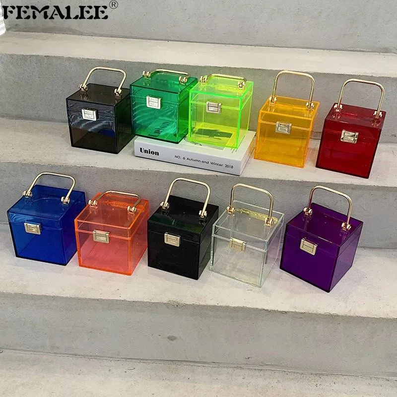 Bags Clear Acrylic Hand Bags For Women Metal Handle Lock Square Box Jelly Handbag Small Make up Bag Summer Ladies Transparent Purses