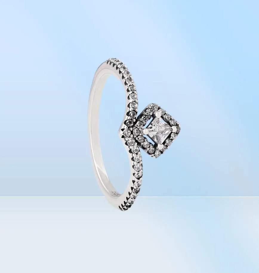 Kadınlar Square Sparkle Wishbone Yüzüğü Gerçek 925 Sterling Gümüş Düğün Takı CZ Diamond Girlfriend Hediye Sevgilisi Orijinal Box4688528