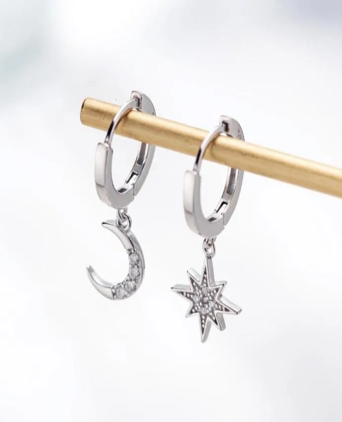 Star Moon Asymetryczne 925 Sterling Srebrne Kolczyki z cyrkonią cyrkonową dla kobiet moda CZ Circle Ear Ring Earmes Biżuteria 7433139