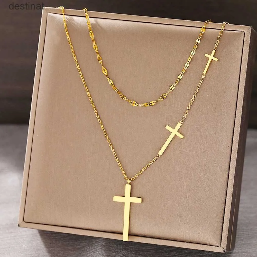 Perlen Halsketten Edelstahl Halsketten Kreuz Anhänger Choker Multilayer -Kette Doppel gestapelt