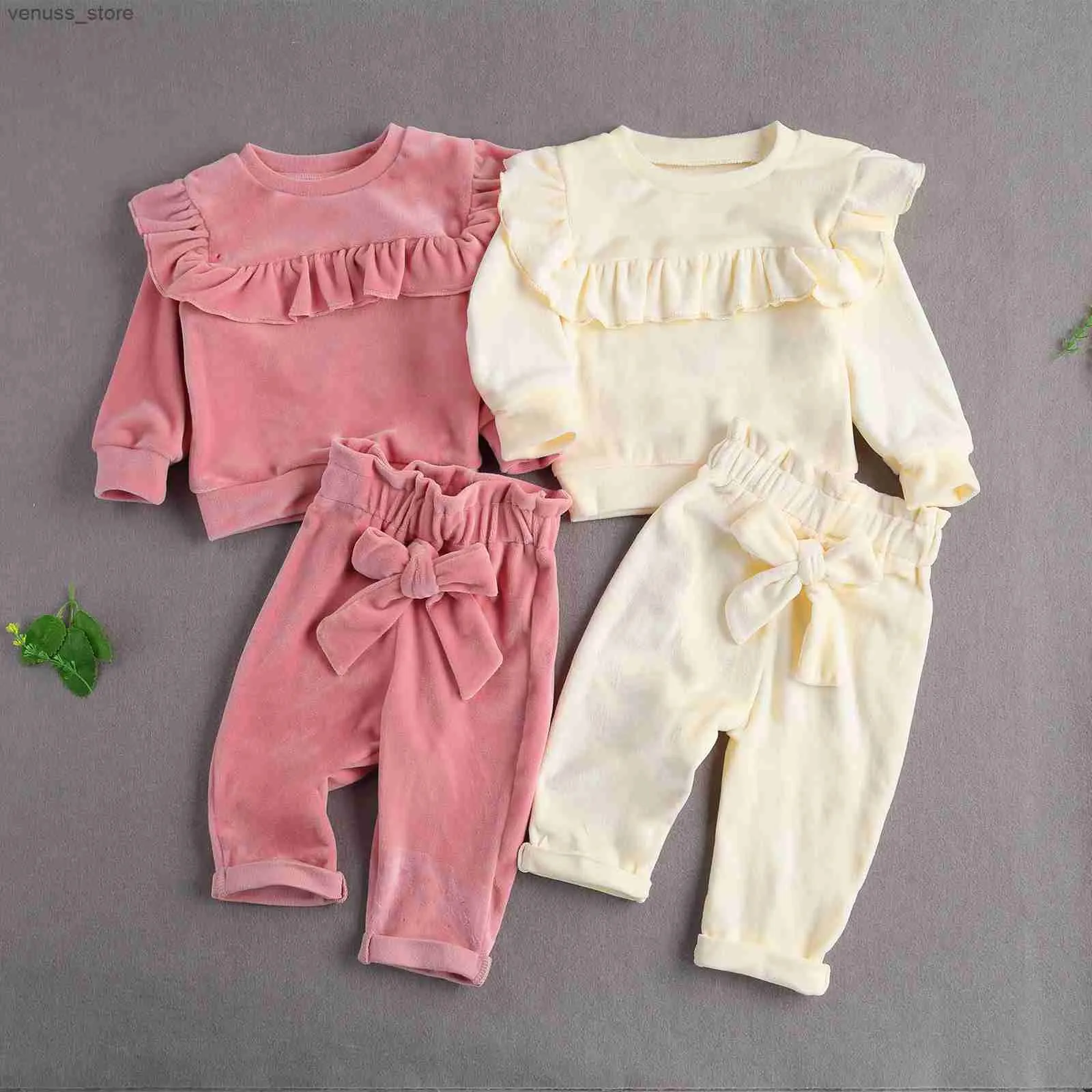 Kläder set ma baby 0-12m höst vinter varmt barn baby flickor kläder set smidig sammet kläder set ruffle trim top bow pants dd40